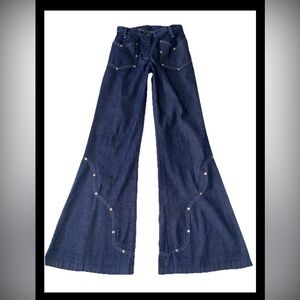 Vintage Bellbottom Super Flared Leg Dark Blue Light Weight Studded Jeans 24x28